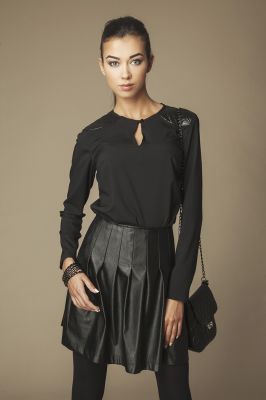 Keyhole Neckline Black Shirt with Leather Lapels