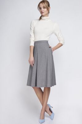 Houndstooth Check Pleated Midi Skirt with Back Zipper