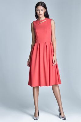 Coral pleated dress with cut out neckline