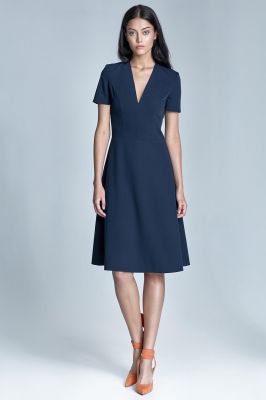 Dark blue midi dress with seam bodice