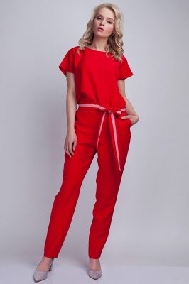 Red Jumpsuit With Checkered Waist Belt