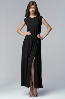 Czarna Efektowna Maxi Sukienka z Długim Rozporkiem
