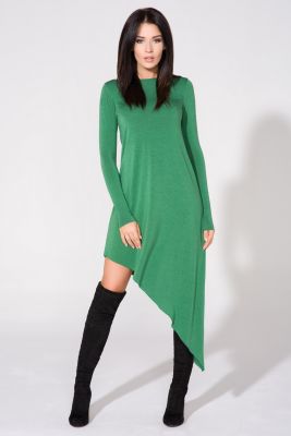 Zielona Sukienka Asymetryczna Dzianinowa z Długim Rękawem