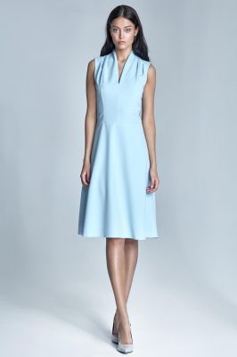 Błękitna Elegancka Sukienka Midi z Dekoltem „V”