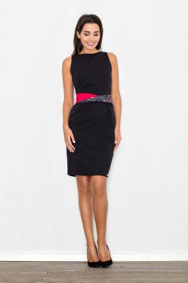 Czarna Sukienka Wizytowa Bodycon z Kontrastową Szarfą