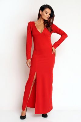 Red Slit Maxi Dress with V-Neckline