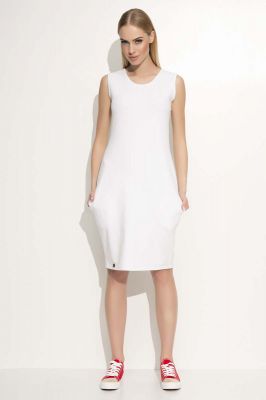 Biała Sukienka Dresowa Midi bez Rękawów z Kieszeniami