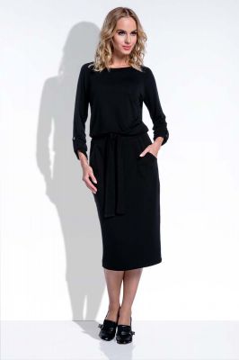 Midi Czarna Sukienka w Stylu Casual z Podpinanymi Rękawami