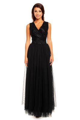 Black Crossover Lace Bodice Sleeveless Dress with Sheer Lace Long Skirt