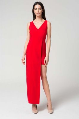 Czerwona Wyjściowa Dopasowana Sukienka z Asymetrycznym Dołem