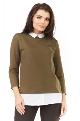 Khaki Elegancka Bluzka 2 w 1 z Białym Kołnierzykiem