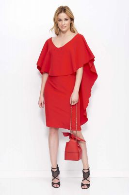 Czerwona Sukienka Midi z Peleryną