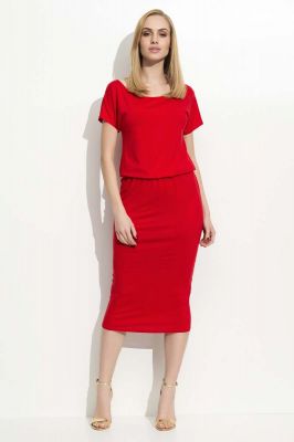 Czerwona Sukienka Midi z Gumką w Talii