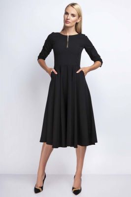 Czarna Rozkloszowana Sukienka za Kolano z Kontrastowym Zamkiem