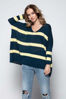 Granatowy Oversizowy Sweter w Paski z Dekoltem w Szpic