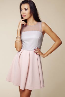 Grey - Pink Sheer Top Pleated Dress with Back Zip Fastening