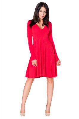 Czerwona Sukienka Rozkloszowana Midi z Dekoltem w Szpic