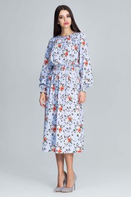 Stylowa Sukienka w Barwny Deseń z Bufiastym Rękawem - Wzór 76