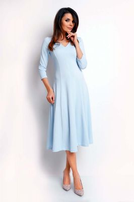 Niebieska Elegancka Rozkloszowana Sukienka z Dekoltem V