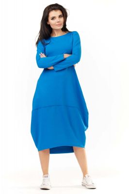 Niebieska Dzianinowa Midi Sukienka Bombka z Długim Rękawem