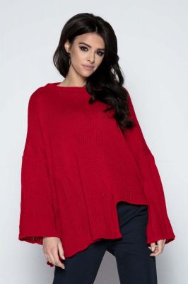 Czerwony  Sweter Asymetryczny z Rozkloszowanymi Rękawami