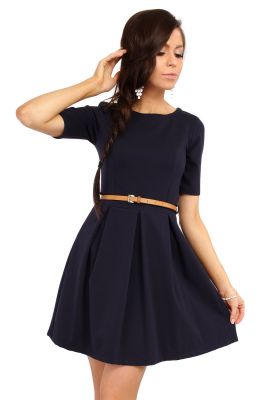 Navy Blue Magnanimous Modern Belted Tea-length Dress