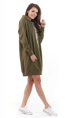 Khaki Długa Bluza Kangurka z Kapturem w Sportowym Stylu