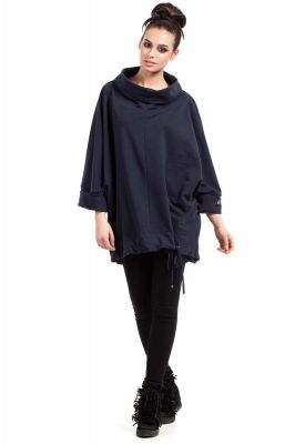 Czarna Bluza Oversize z Szerokim Rękawem 3/4 z Kapturem