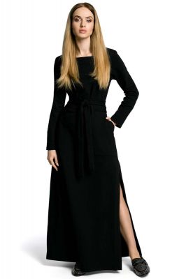 Czarna Sukienka Dresowa Maxi z Dekoltem Caro z Rozcięciem