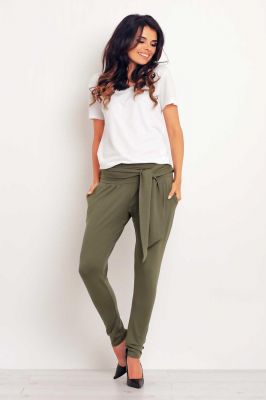 Olive green stretchable pants with self tie belt