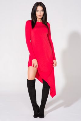 Czerwona Sukienka Asymetryczna Dzianinowa z Długim Rękawem