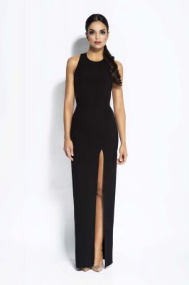 Czarna Sukienka Elegancka Maxi Długim Rozporkiem