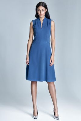 Niebieska Elegancka Sukienka Midi z Dekoltem „V”