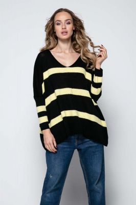 Czarny Oversizowy Sweter w Paski z Dekoltem w Szpic
