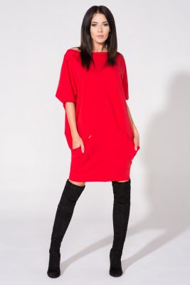 Czerwona Sukienka Dzianinowa z Nakładanymi Kieszeniami