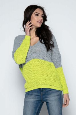 Limonkowy Sweter Dwubarwny Krótki z Dekoltem w Szpic