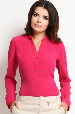 Różowa Elegancka Koszulowa Bluzka z Dekoltem „V” z Guziczkami