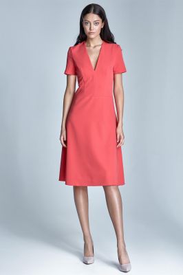 Coral midi dress with seam bodice