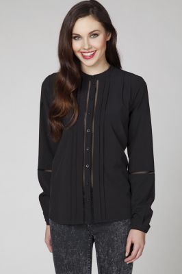 Czarna Elegancka Bluzka Koszulowa z Ażurowymi Wstawkami
