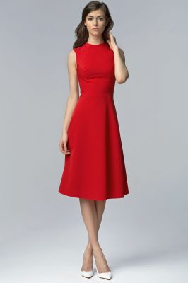Czerwona Elegancka Rozkloszowana Midi Sukienka bez Rękawów